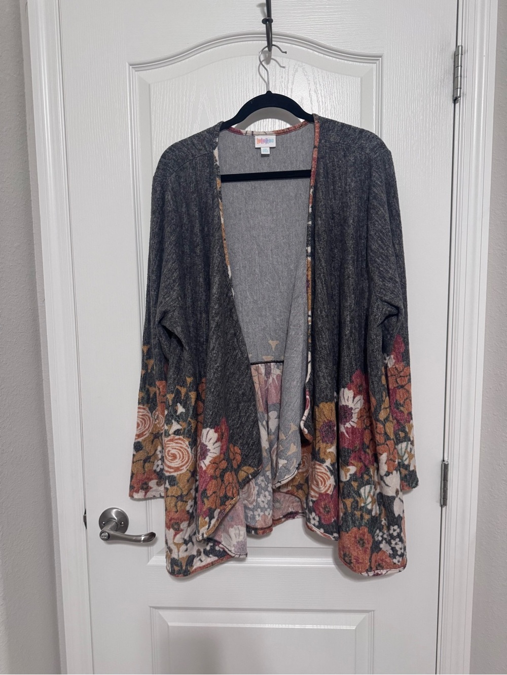 LuLaRoe Nanette Charcoal Gray Open-Front Cardigan with Floral Hem